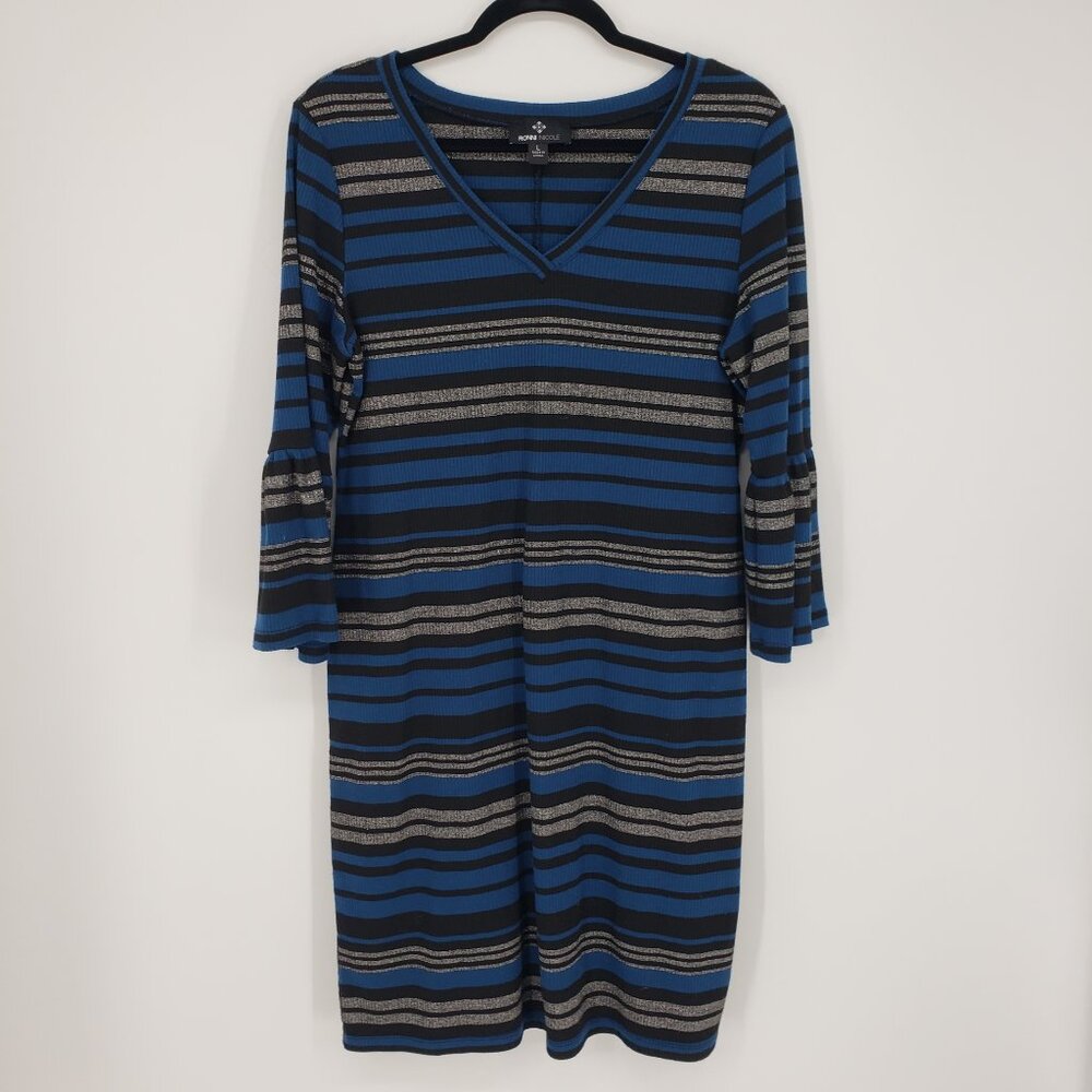 3/$25 489 Roni Nicole Striped‎ Dress L Bell 3/4 Sleeve Ribbed Metallic Fitted